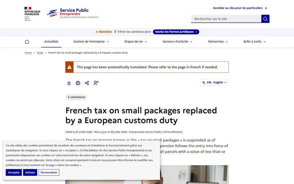 French government business service page on the new EU customs duty on small parcels.